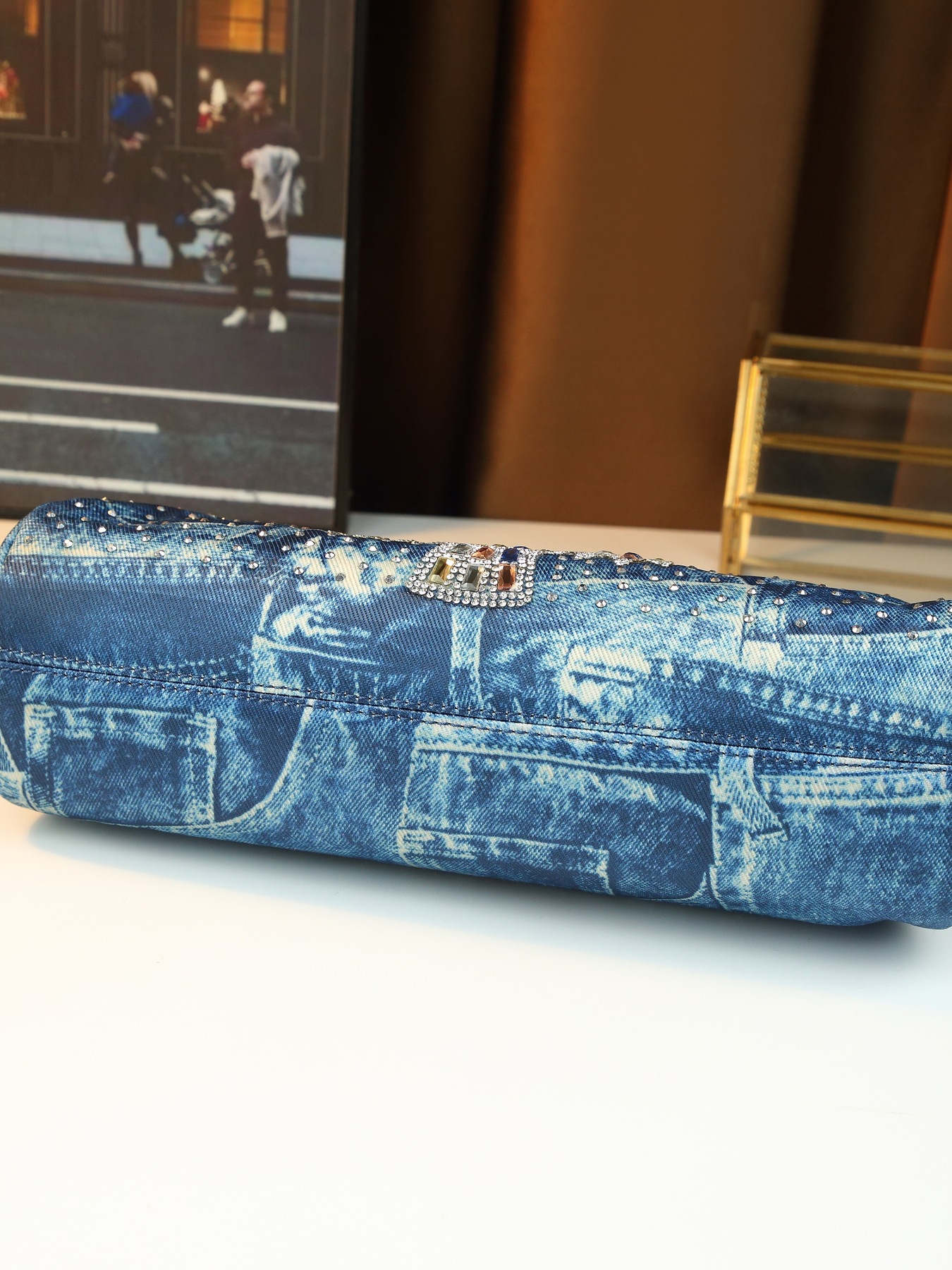 Borsa a tracolla elegante da donna in jeans con strass gufo_voghion.com