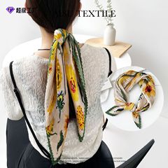 新しいスタイルのプリーツヘアアクセサリー、女性用の高級シルクスカーフ、軽い高級感のあるシフォンの小さなヘアバンド、ひまわりプリントのスカーフ