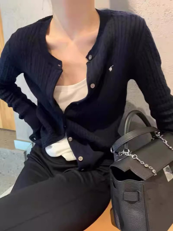 拉夫小马刺绣开衫高版本圆领针织小麻花上衣秋季女毛衣外套空调衫|undefined