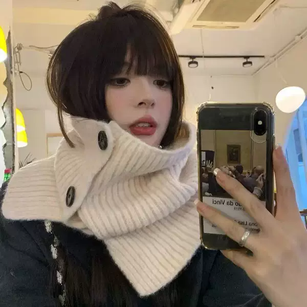 Korean Style Pullover High Collar Button Shawl Women's Winter Outer Warm Knitted Scarf Neck Protector Fake Collar Shawl Scarf