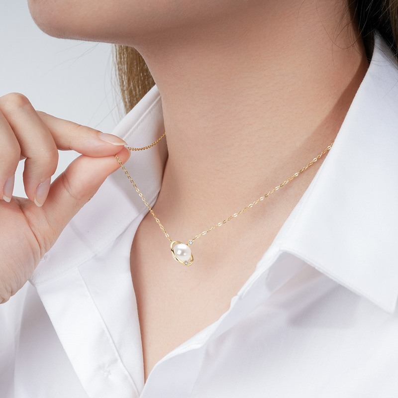 Exquisite S925 Sterling Silver Women's Saturn Necklace with Freshwater Pearl Pendant, Chic Niche Design Circle Jewelry for Women