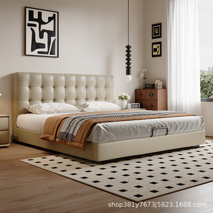 2025 New Waffle French Cream Style 1.5 Small Apartment Master Bedroom Double Bed Retro Style Storage Leather Bed