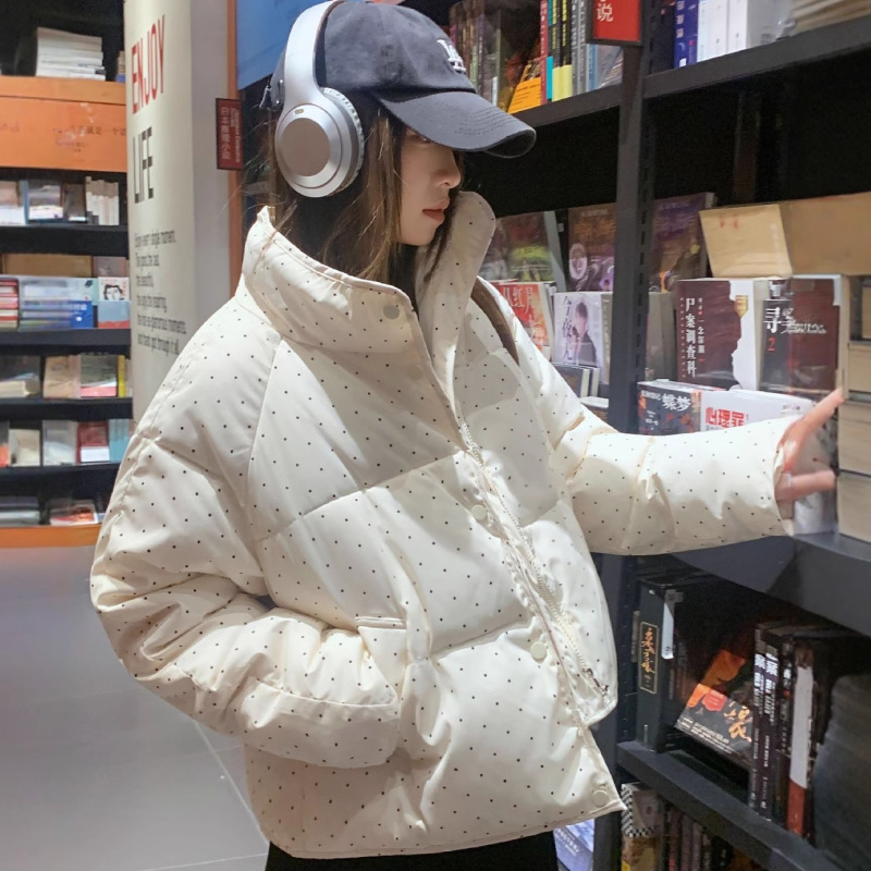 跨境2025冬季日韩系甜美学生波点短款立领面包服学院风棉衣外套女|undefined