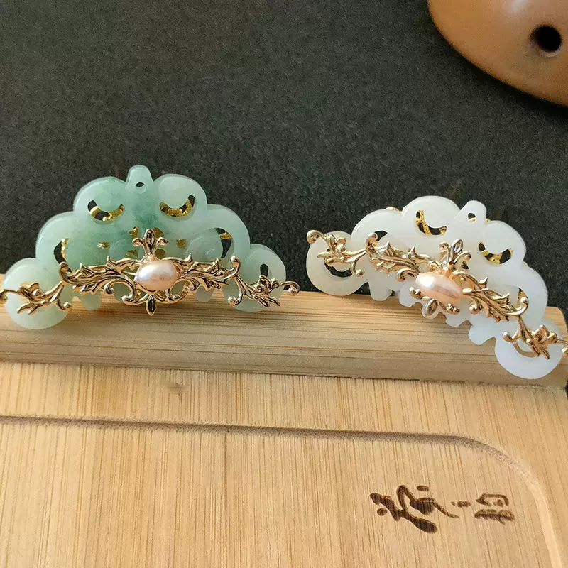 发冠古风百搭头饰珍珠花朵仿玉髓发钗古装配饰宋制汉服顶簪发饰