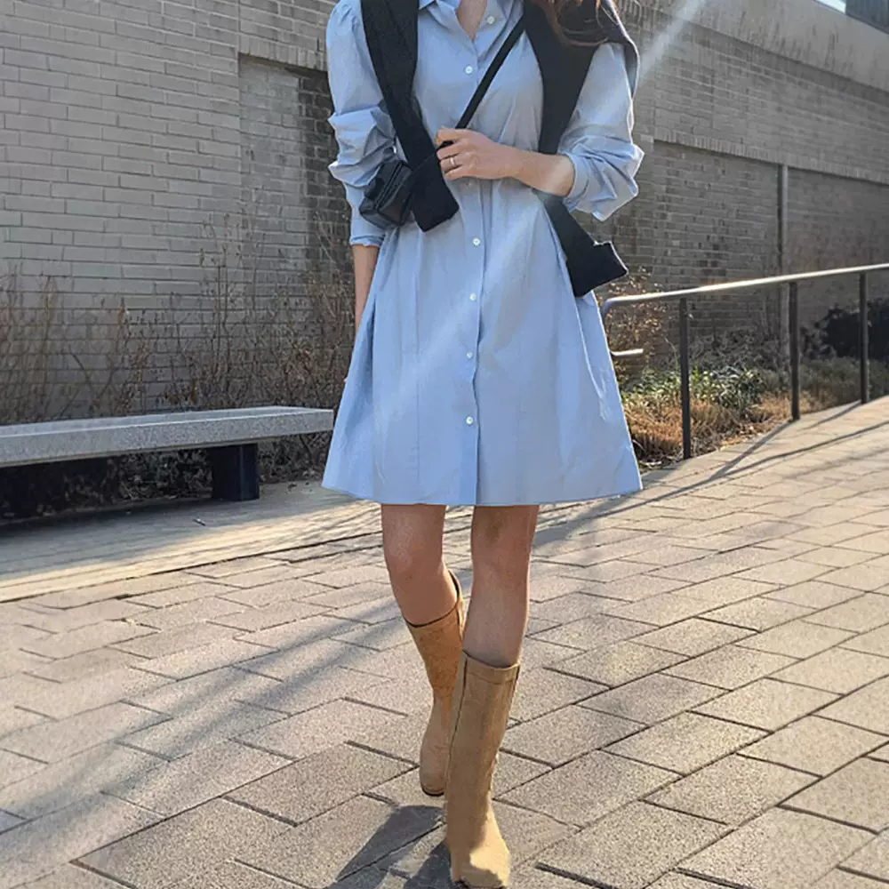 现货 女装收腰衬衫连衣裙2025春夏ins休闲简约纯色a字开衫连衣裙