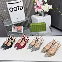 G家 Horsebit rhinestone pointed toe high heels women's stiletto 2025 summer new slingback floral fabric peep toe sandals