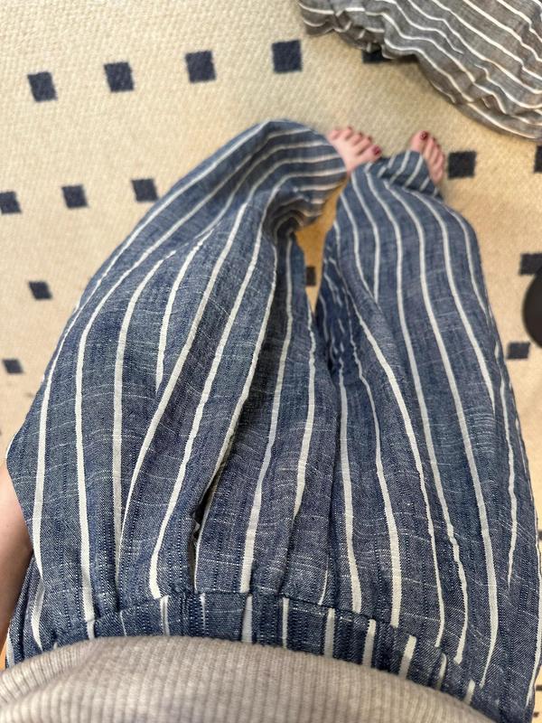 松弛感穿搭条纹棉麻阔腿裤女夏季小个子亚麻直筒宽松防晒拖地长裤|undefined