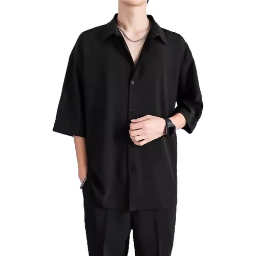 Summer Trend Brand Thin Loose Casual Ice Silk Shirt Men's Short Sleeve Black Hong Kong Style Sheer Feel Iron-Free Shirt