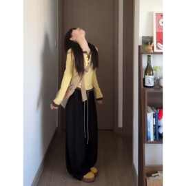巨好看的早秋一整套韩系假两件长袖恤蕾丝阔腿裤套装女秋季新款