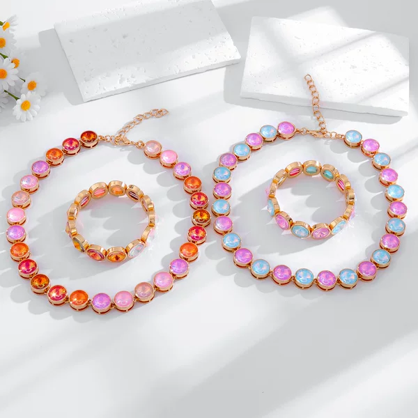 Trendy and versatile bracelet, alloy with colorful glass and rhinestone accents, elegant necklace and bracelet set, fashionable gemstone bracelet, wholesale