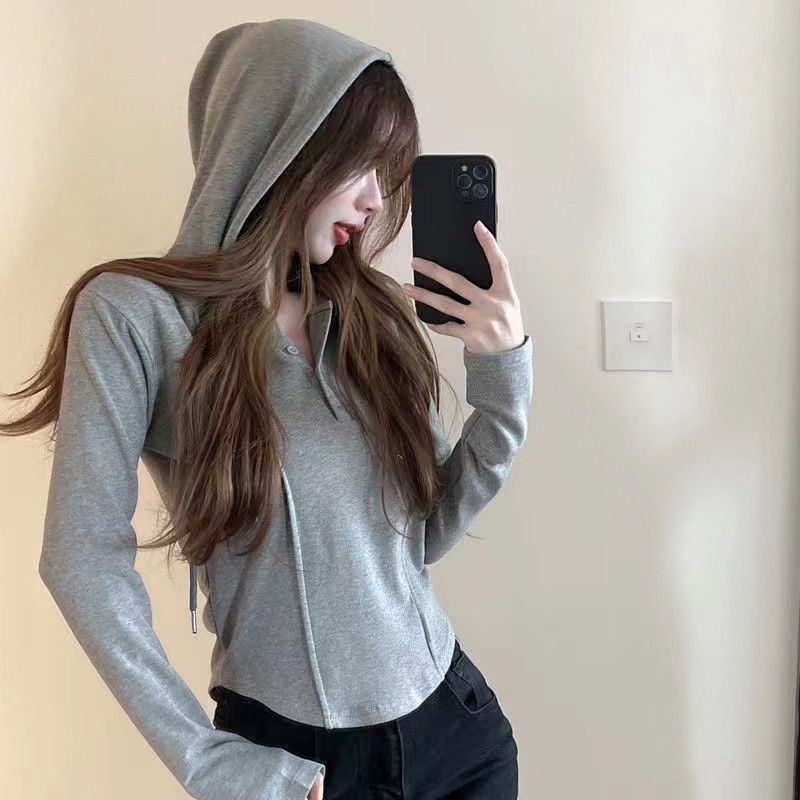 검은 색 V 목베이스 셔츠 여성의 가을과 겨울 불규칙한 슬림 핏 짧은 티셔츠 두꺼운 내부 어깨 긴팔 후드 탑