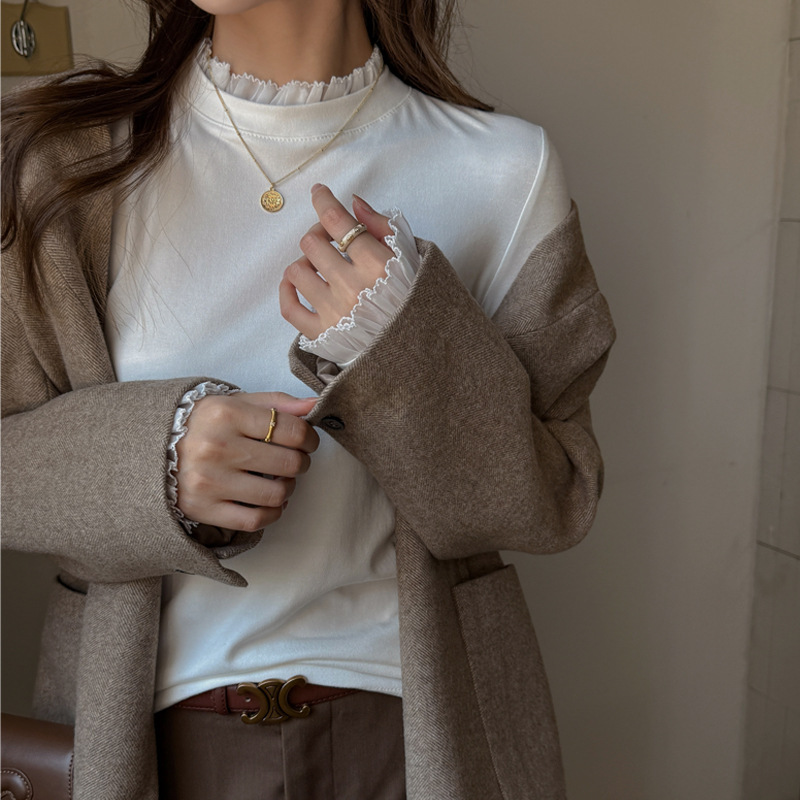 Autumn and Winter Modal Lace Stand-Up Collar Long-Sleeved T-Shirt for Women with High-End Design Bottoming Shirt That Can Be Worn Outside