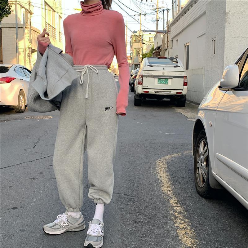 Korean Style Fleece-lined Thickened Sports Casual Pants Women's ins Fashionable Autumn and Winter Slimming College Style Nipped Haren Pants Korean Style Fleece-lined Thickened Sports Casual Pants Women's ins Fashionable Autumn and Winter Slimming College Style Nipped Haren Pants