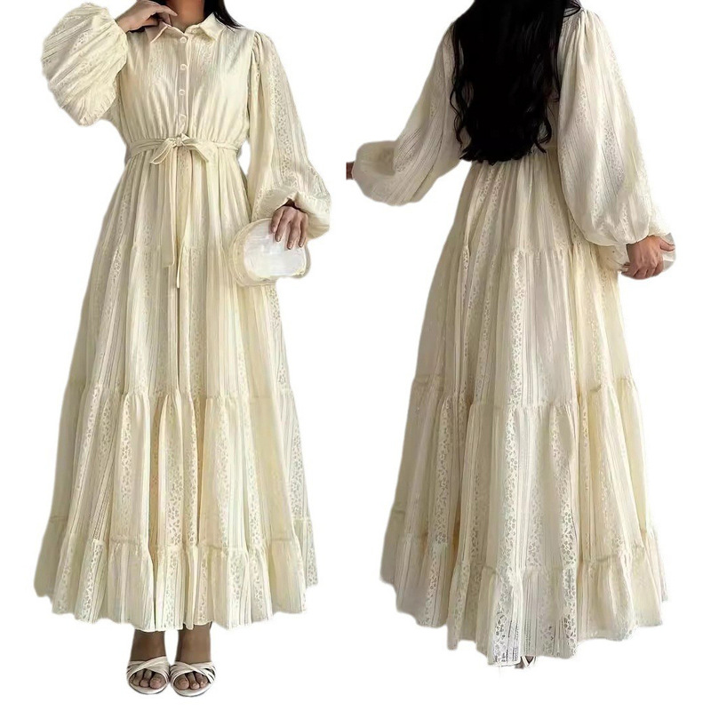 M2670 Amazon Cross-Border Women's New Lace Lapel Robe Fashionable and Elegant Ethnic Style Robe Dress