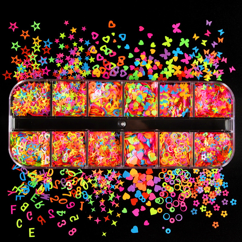 12-Compartment Box of Colorful Irregular-Shaped Sequins: Butterfly, Heart, Flower, Star Nail Art Fluorescent Sequins DIY Resin Decorations