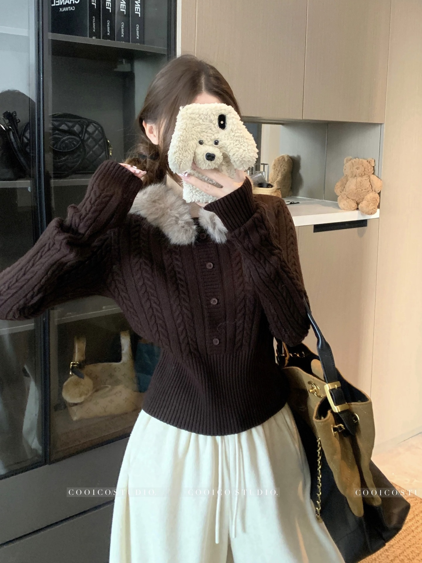 New Year's Red Retro Detachable Fur Collar Waist-Cinching Knitted Cardigan Autumn and Winter New Korean Fashion Versatile Sweater for Women