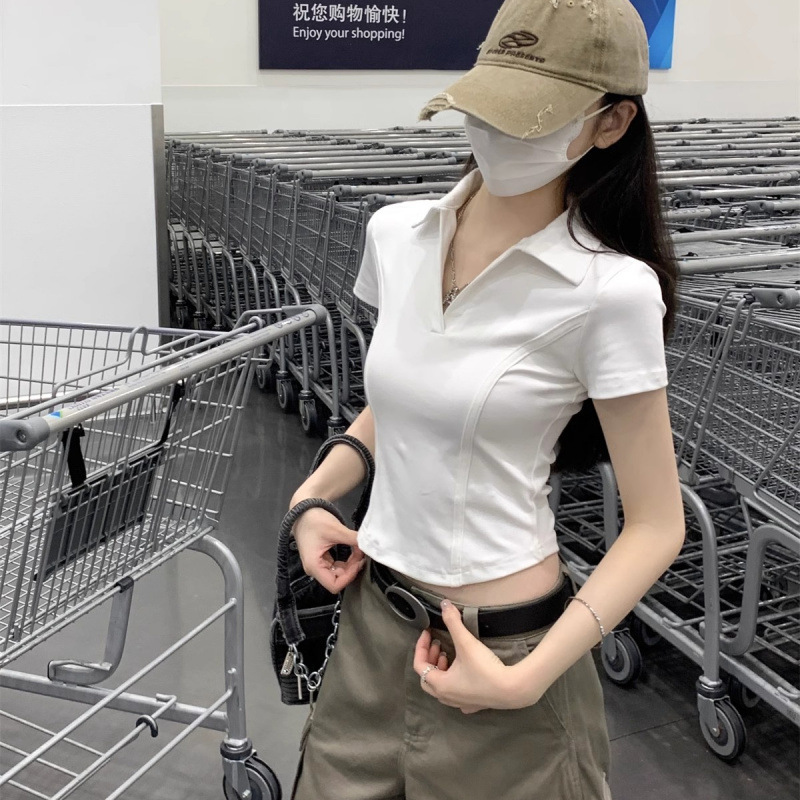 2025年初夏着用新作右肩ポロカラー半袖Tシャツレディースユニークで美しいニッチシャツショートトップ|undefined