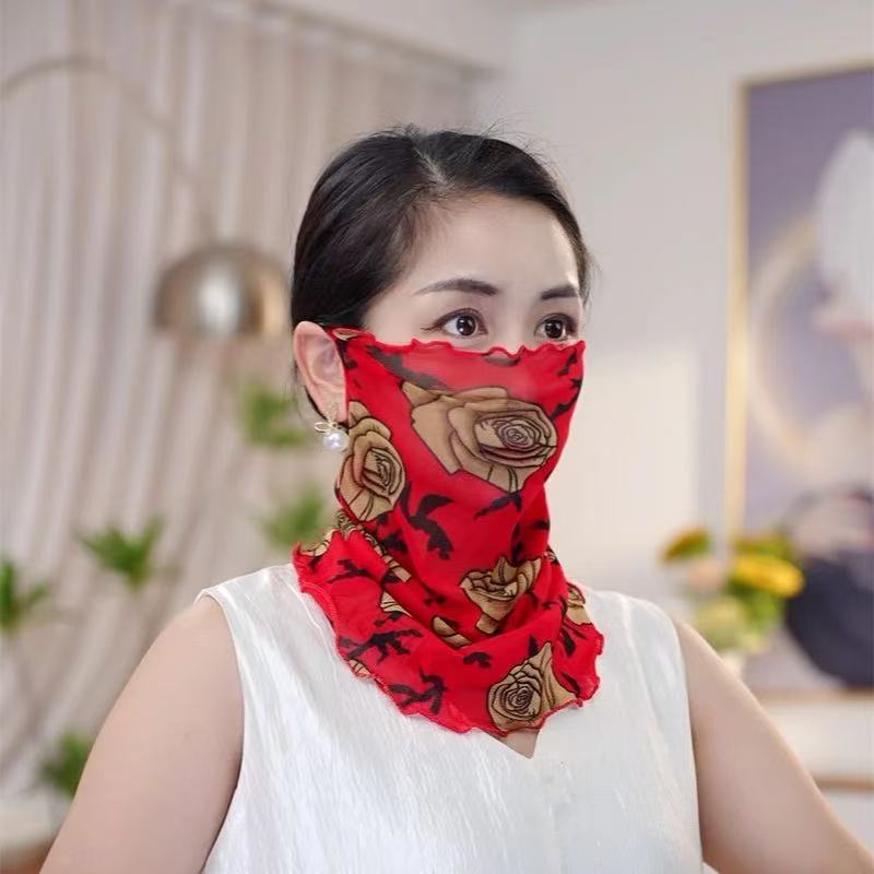 Primavera y verano de encaje velo protector solar protector facial de mujer cuello colgante máscara de orejas máscara respirada bufandas de seda protector solar UV