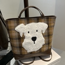 秋冬呢料格子双肩包包女2024新款潮韩国西高地托特包休闲大容量包