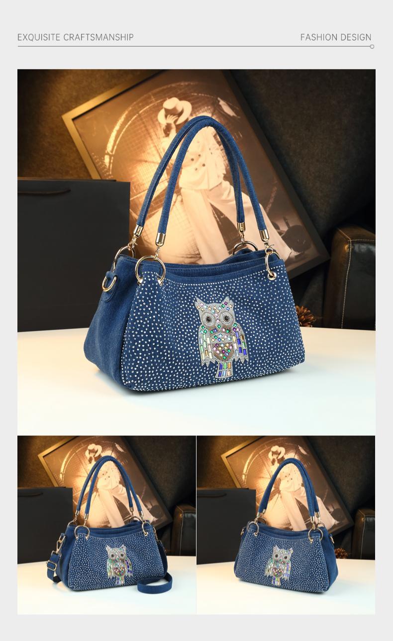 Túi đeo chéo nữ denim phong cách lang thang, thiết kế đính đá thời trang — Cao bồi Owl, Cao bồi trắng khoan, Ngôi sao năm cánh đen chi tiết 9