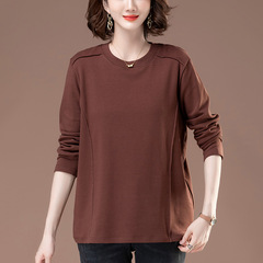 純綿の長袖のtシャツの女性の春秋のゆったりしているプラスの大きいサイズの婦人服のお母さんのレジャーは腹を遮ってやせている底のシャツの6173を現します。