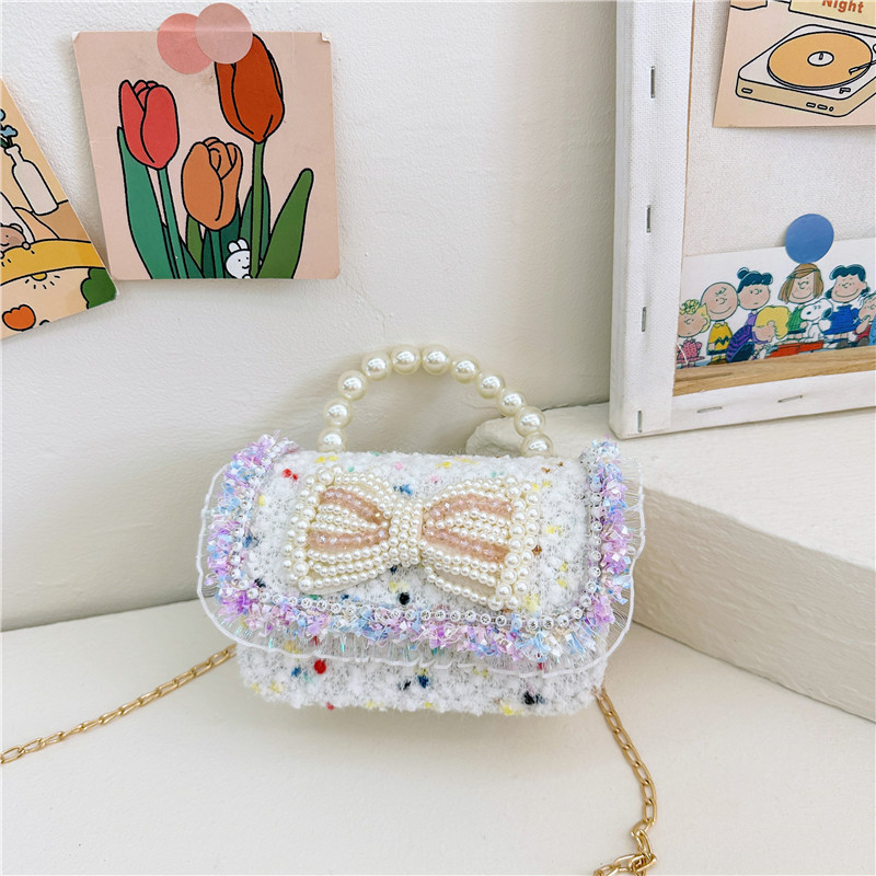 Colorido lentejuelas de los niños bolsa arco accesorios princesa estilo occidental perla bolso coreano mini cadena mensajero bolsa