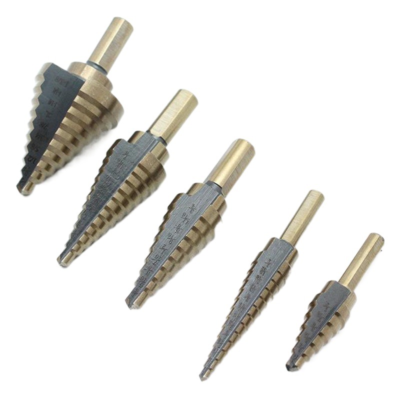 Británico 5 piezas de aluminio en caja paso taladro 6-pieza negro y amarillo pagoda taladro multifunción herramienta de perforación