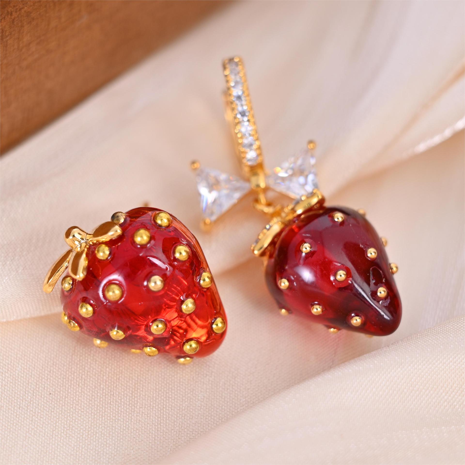 Fruit, Strawberry Pattern Women's Gender 1 Pair Cute Sweet Fruit Strawberry Plating Resin Copper Zircon Drop Earrings