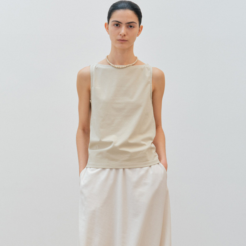 Ready in Stock ~ Korean Mo*A Boat Neck T-Shirt for Women Spring and Summer New Style Simple Slimming Look Versatile Pure Color Knitted Vest Top