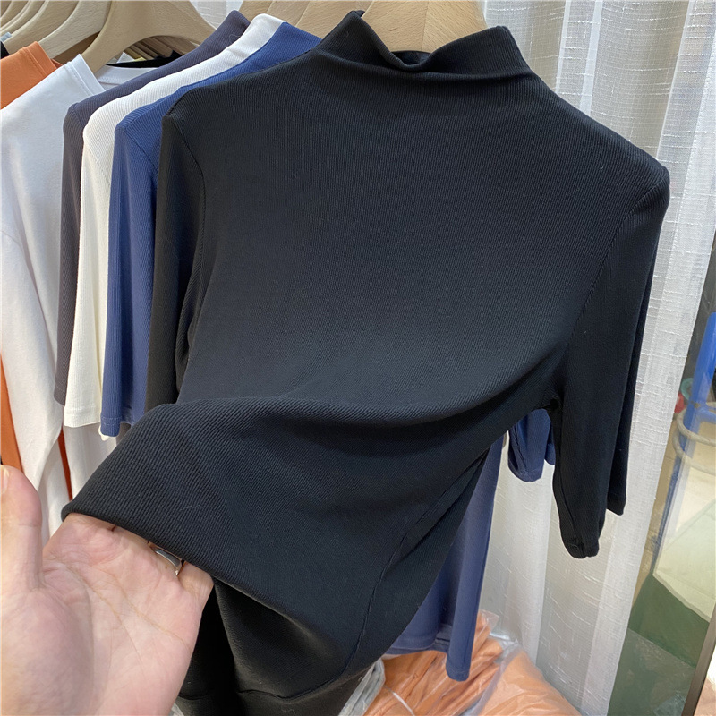 女性用ボトリングシャツ、夏用スリムフィットミッドスリーブトップ、ファッショナブルな2025新しいライト大人スタイルのハーフタートルネックセーター|undefined
