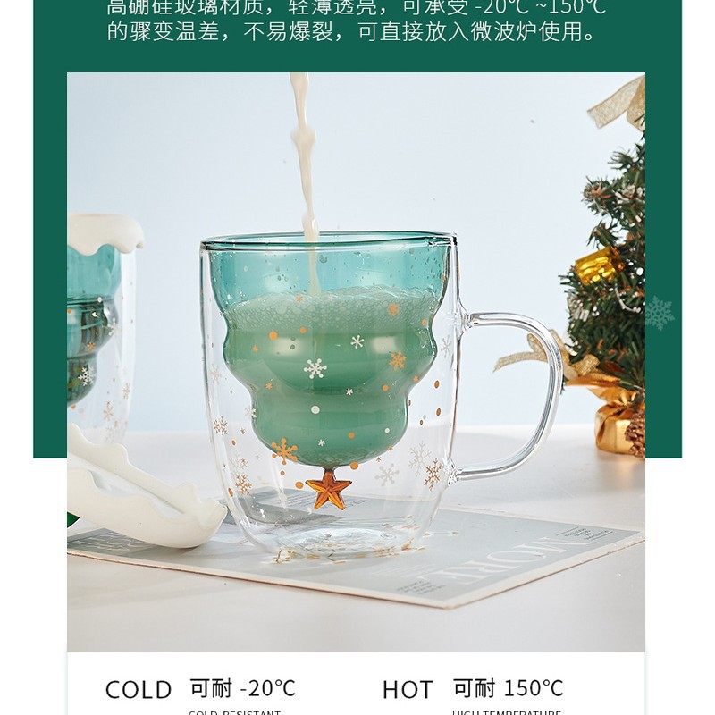 Taza de Navidad con aislamiento térmico de doble capa Taza de café con tapa Taza de vidrio de borosilicato al por mayor Taza de vidrio de alto valor resistente a altas temperaturas
