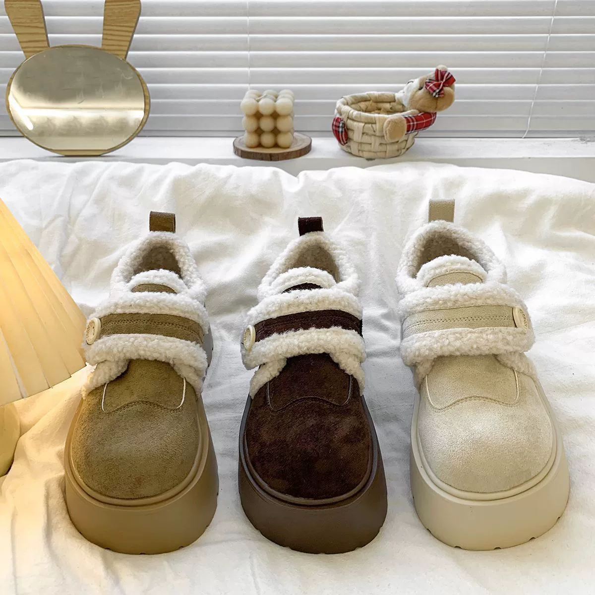 Fleece keep warm winter high shoes with velcro platform