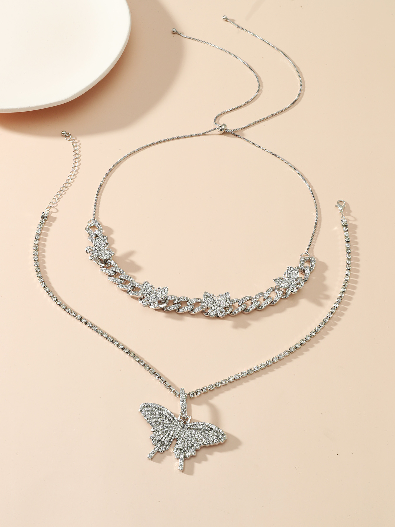 Layered Butterfly Necklace Set With Diamonds Cuban Chain Style_voghion.com