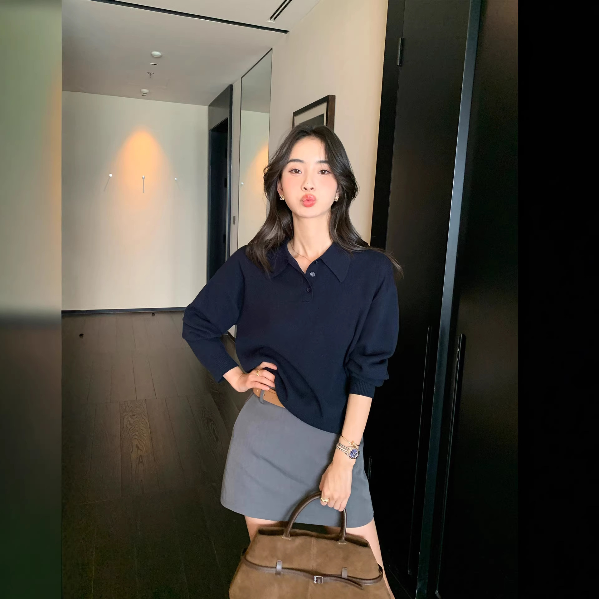 pusumede 慵懒基因 polo领套头毛衣女春秋宽松慵懒长袖针织衫上衣
