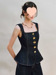 女2025夏季新款复古感金属扣收腰马甲上衣高腰直筒阔腿裤套装纯色