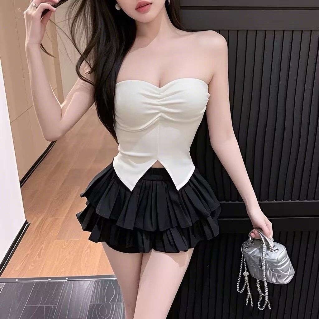 Set váy xếp ly ngắn nữ phối áo yếm có đệm ngực phong cách tiểu thư — Áo ngực đỏ (nguyên bản có đệm ngực), Trắng Spacer+Váy Set, Đen Spacer+Váy Set, Màu đỏ Spacer+váy Set chi tiết 9