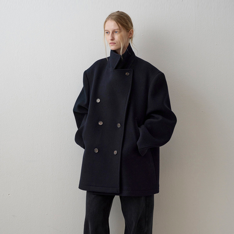 Ready Stock Facade Pattern Wool Coat for Women, Korean Style Petite Silhouette Double-Breasted Mid-Length Coat