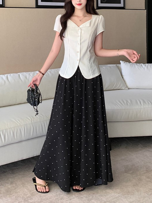 实价实拍2025夏装新款胖mm大码女泡泡袖小衫上衣波点半身裙裤套装|undefined