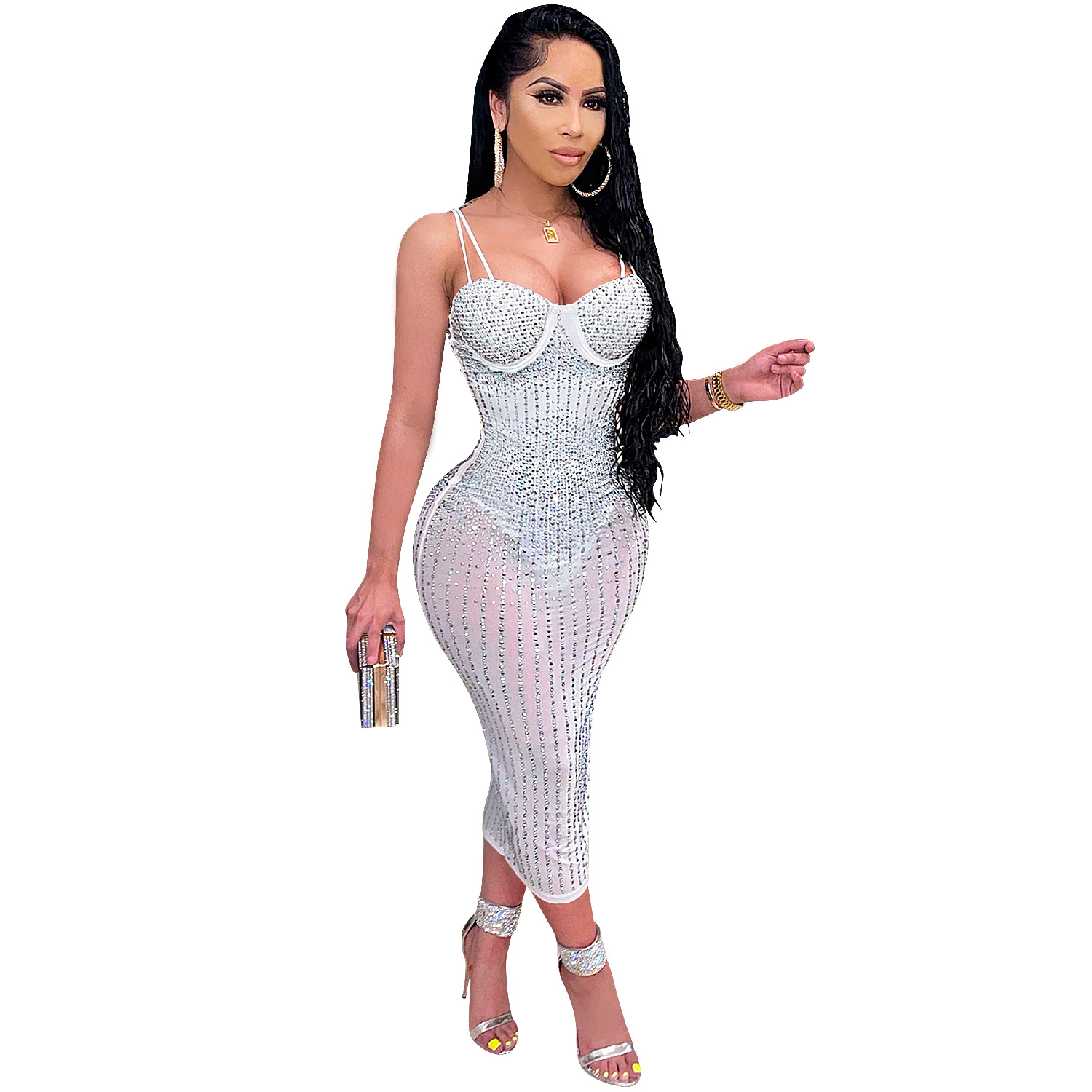 X3805 transfronterizo nueva moda europea y americana ropa de mujer fiesta discoteca malla perspectiva rhinestone diamante Correa vestido