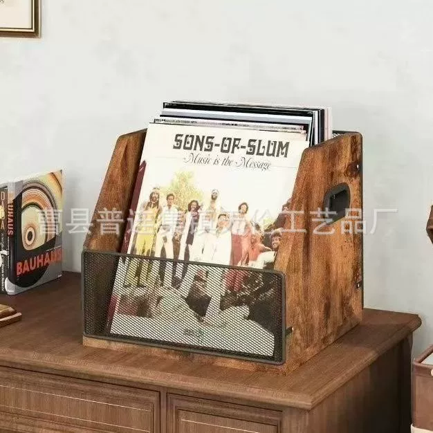 Корзина для хранения виниловых пластинок из железа и дерева, настольный органайзер для CD и виниловых дисков