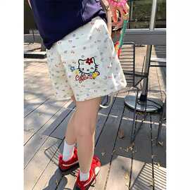 米白色kitty猫卡通碎花牛仔裤女2025夏季设计感高腰宽松阔腿短裤