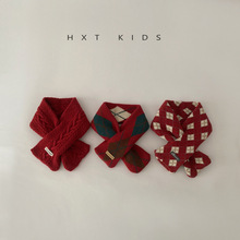 儿童围巾冬季洋气红色系列小标交叉围脖ins韩国宝宝冬天保暖脖套