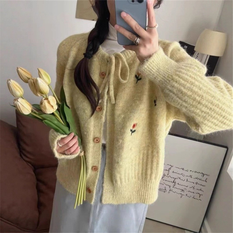 温柔风甜美绣花毛衣外套女秋冬2025新款韩系蝴蝶结针织开衫上衣服|undefined