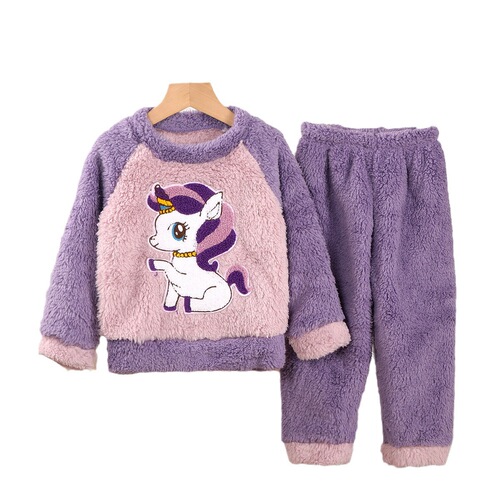 Children's long hair flannel pajamas set for autumn and winter, coral velvet, thickened and velvet home wear for boys and girls