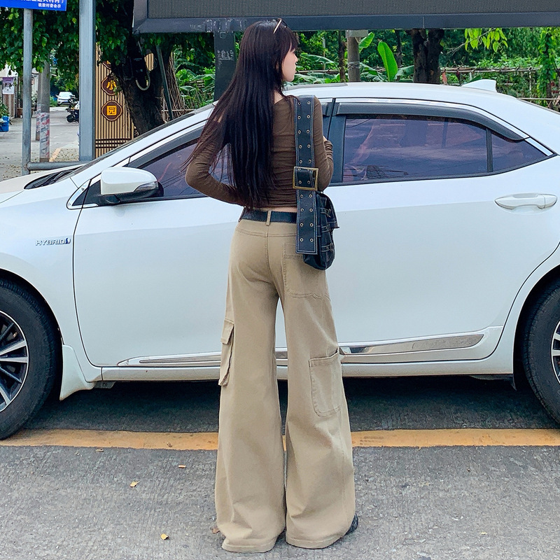 卡其色多口袋工装牛仔裤女2025秋季新款美式复古宽松阔腿休闲长裤|undefined