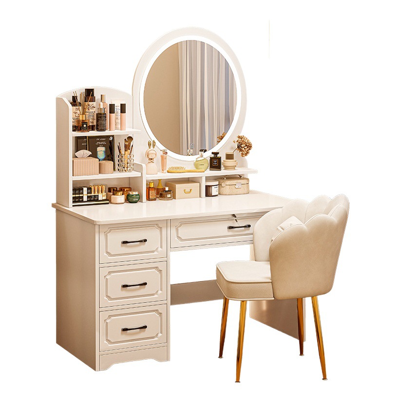 Dormitorio de lujo ligero, tocador de dormitorio principal de estilo europeo simple y moderno, tocador pequeño, tocador, armario de almacenamiento integrado