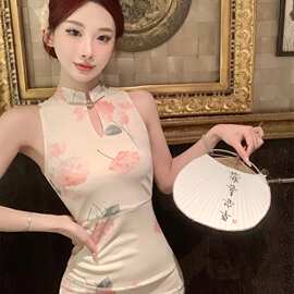 欧美跨境亚马逊印花改良旗袍法式气质高腰修身显瘦中长开叉连衣裙