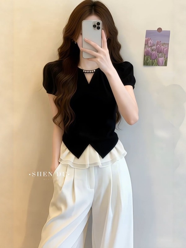 Áo sơ mi nữ cổ V tay ngắn phong cách Pháp, thiết kế che khuyết điểm tôn dáng — màu đen