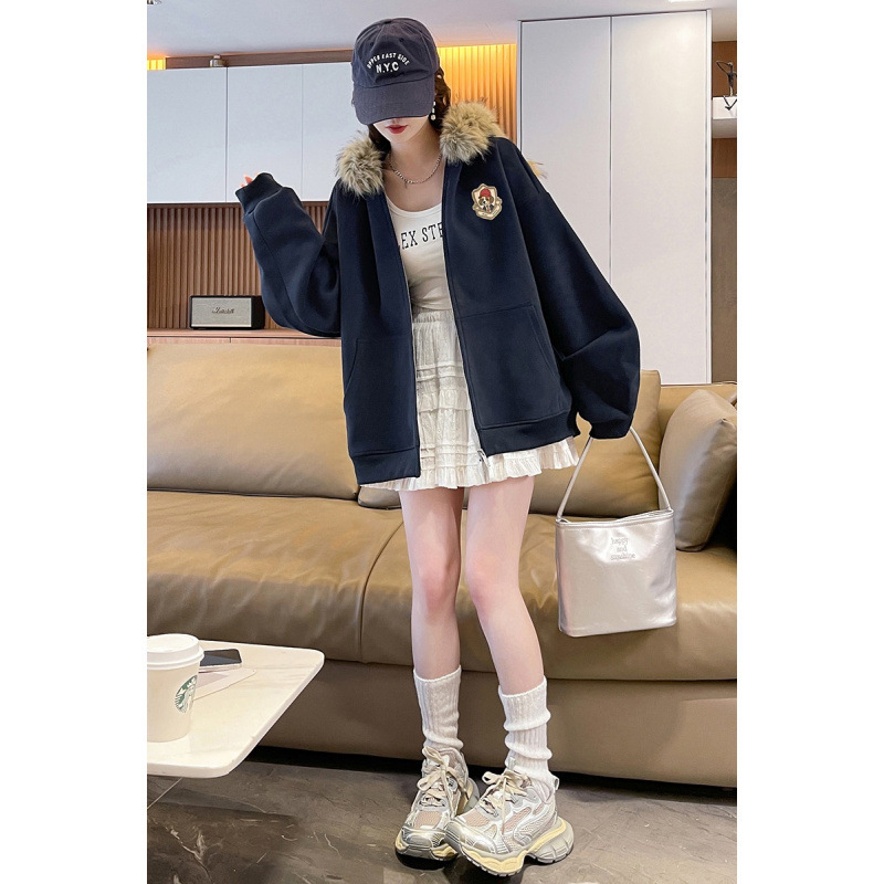 显瘦高街毛领连帽卡通小熊宽松长袖卫衣女春秋高级感开衫外套潮|undefined