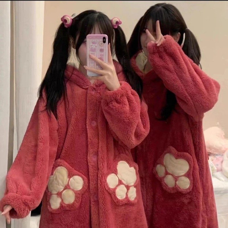 卡通睡袍可爱玉桂狗草莓熊睡衣女秋冬珊瑚绒加厚长款开衫连帽睡袍|undefined